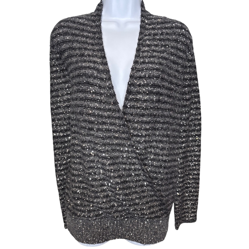 J.McLaughlin Womens Black‎ Silver Sequin Alpaca Wool Wrap Cardigan Sweater Sz M